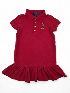Polo Ralph Lauren Girls Red Knit Polo Dress Embroidered Bear Logo Size 5 Preppy